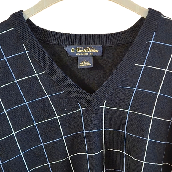 Brooks Brothers Sweater Mens L Black Windowpane Checks Silk Knit V Neck Pullover - Picture 3 of 10